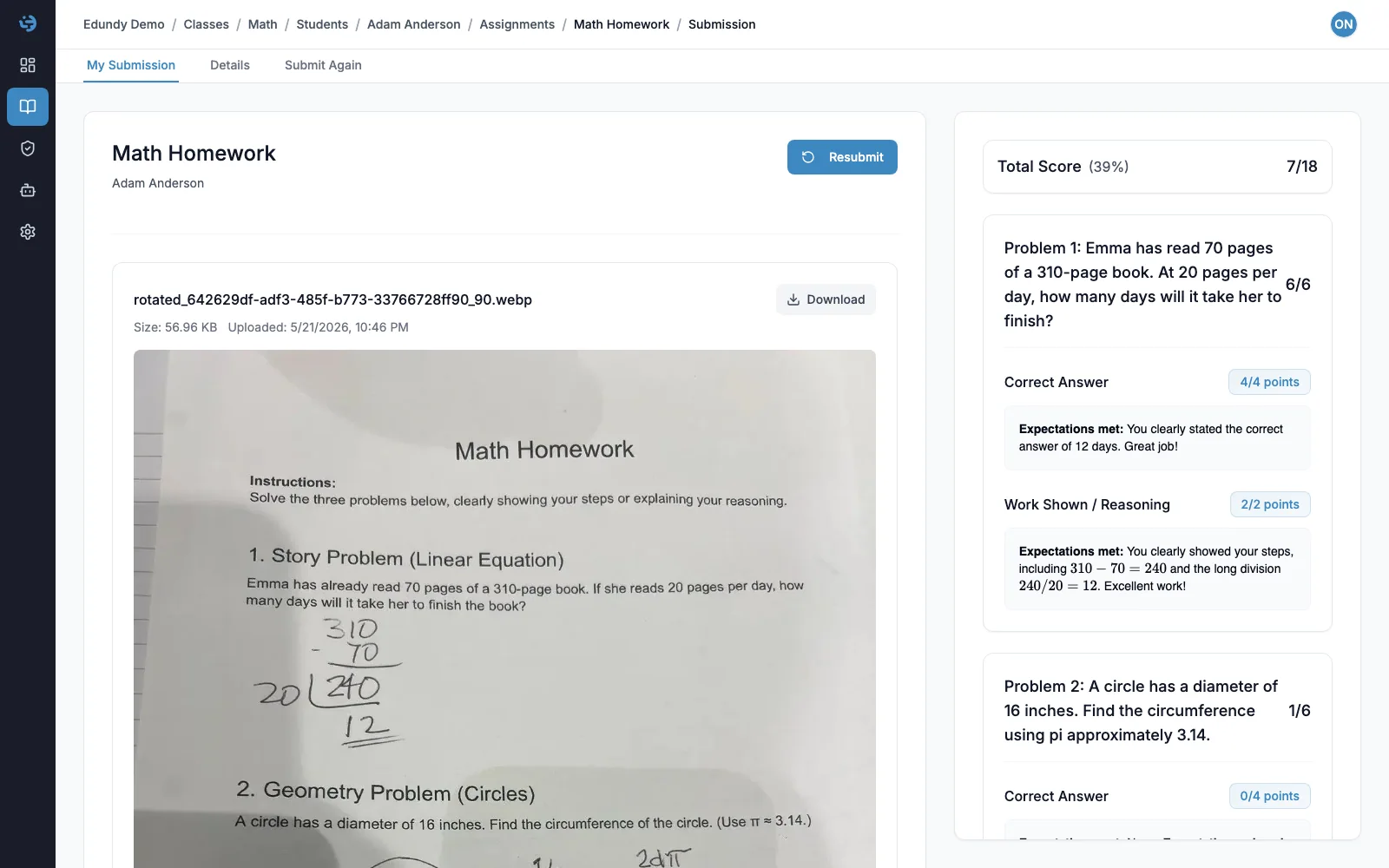 Boon grading feedback view with scanned student work and personalized feedback